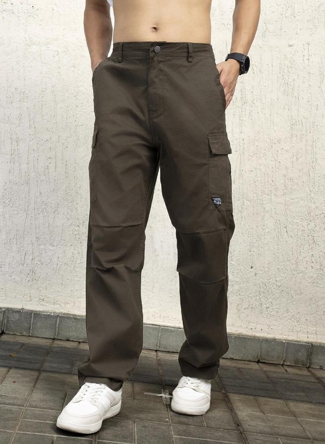 Hubberholme Men's Dark Olive Cotton Blend Solid Pattern Full Length Cargo Relaxed Trouser - Image 1